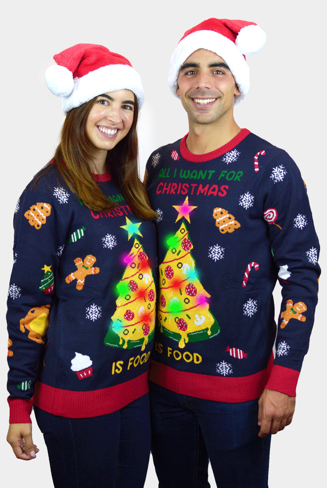 Camisola de Natal com Luzes LED Christmas Food casal