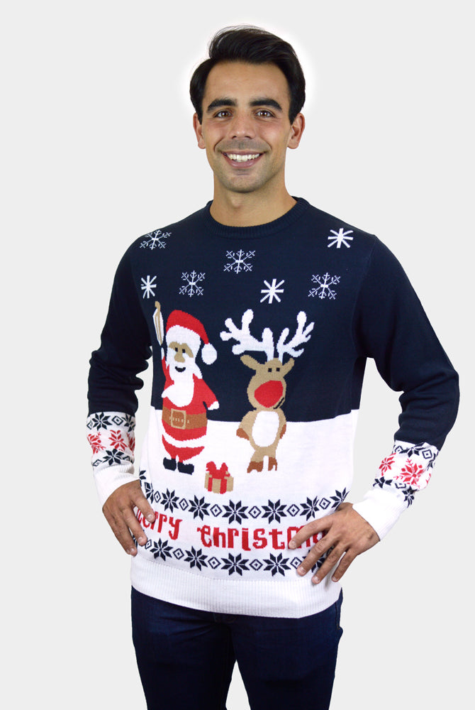 Camisola de Natal Azul Família Pai Natal Rena Rudolph Algodão Orgânico homem
