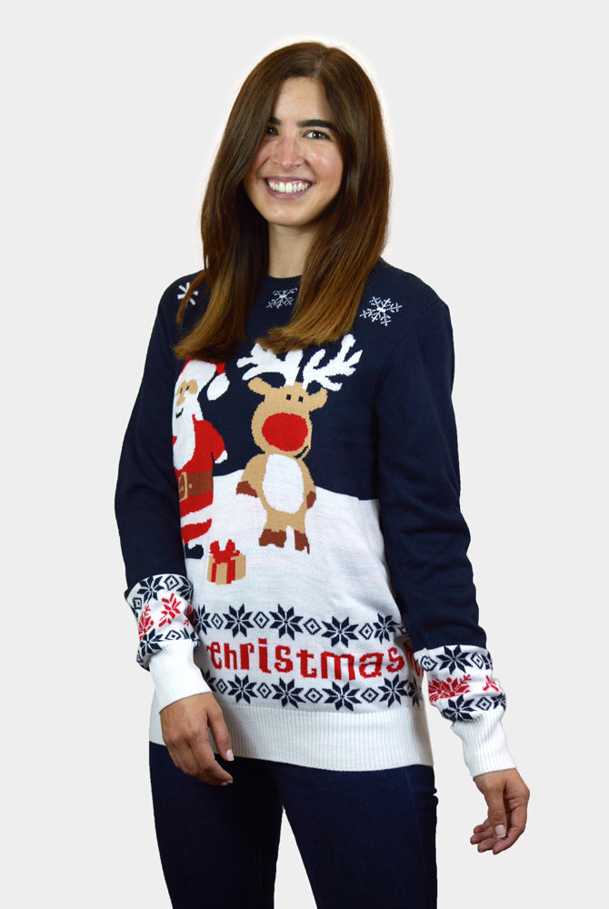 mulher Camisola de Natal Azul Pai Natal e Rena Rudolph Algodão Orgânico