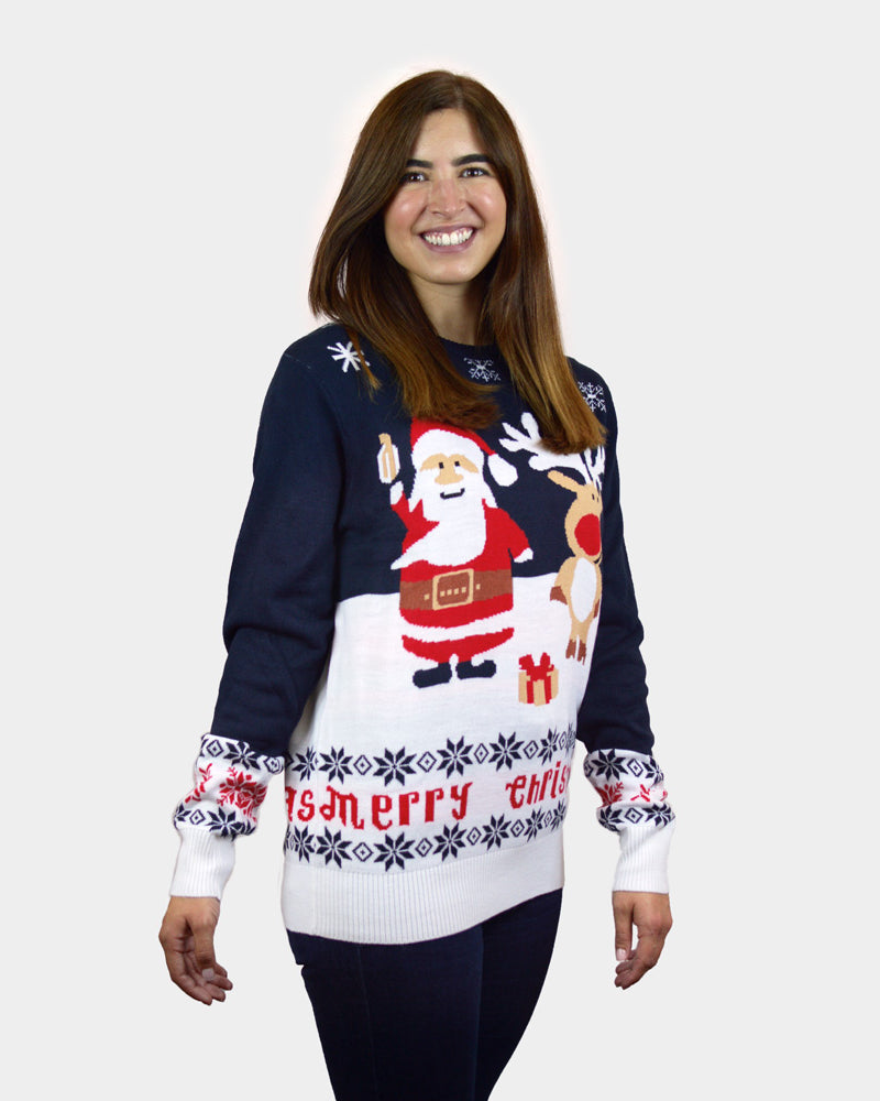 Camisola de Natal Azul Família Pai Natal Rena Rudolph Algodão Orgânico mulher
