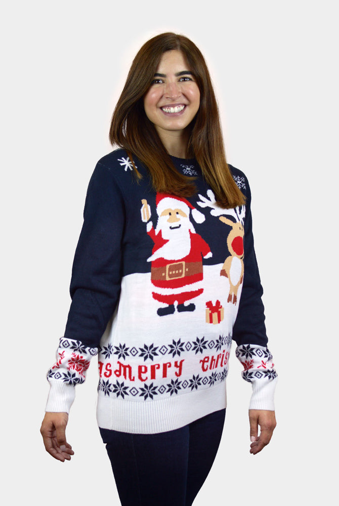 Camisola de Natal Azul Família Pai Natal Rena Rudolph Algodão Orgânico mulher