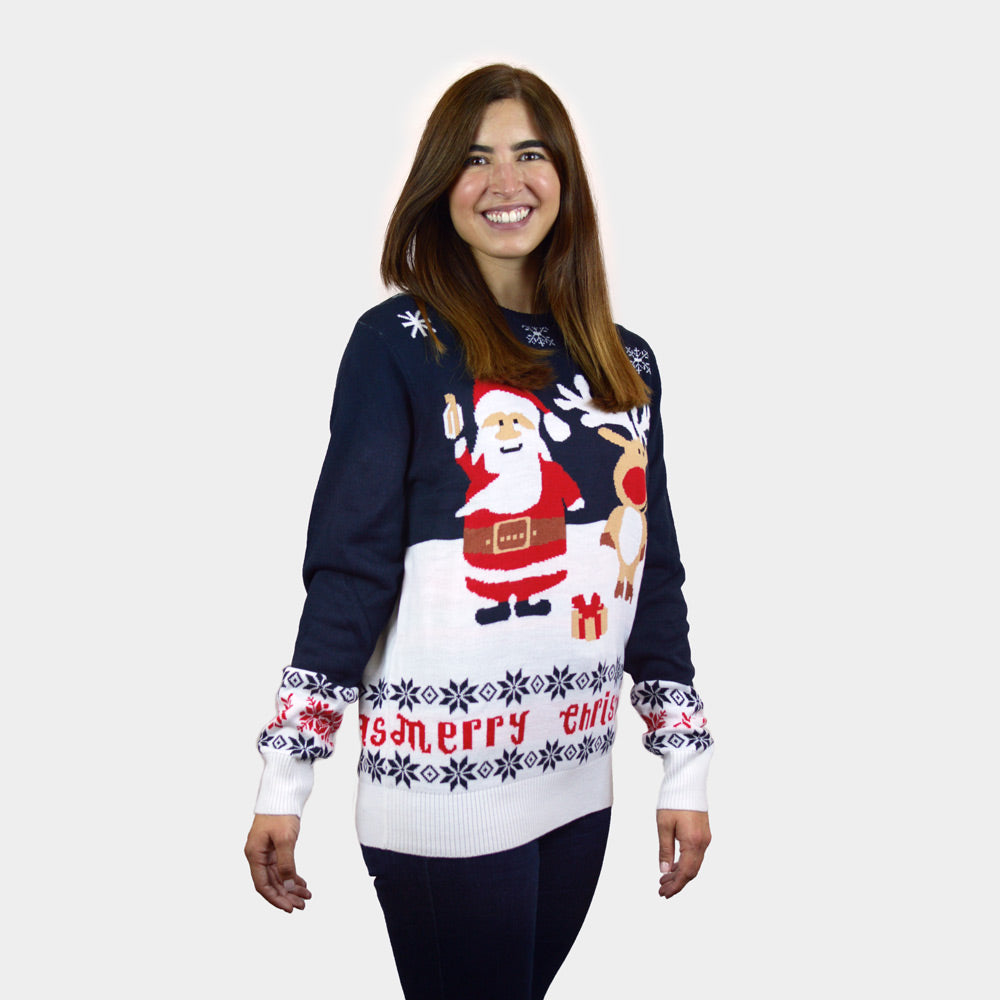 Camisola de Natal Azul Pai Natal e Rena Rudolph Algodão Orgânico mulher