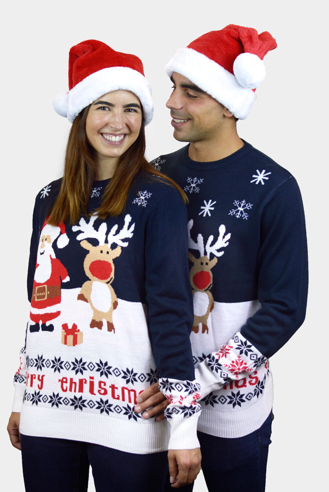 Camisola de Natal Azul Família Pai Natal Rena Rudolph Algodão Orgânico casal