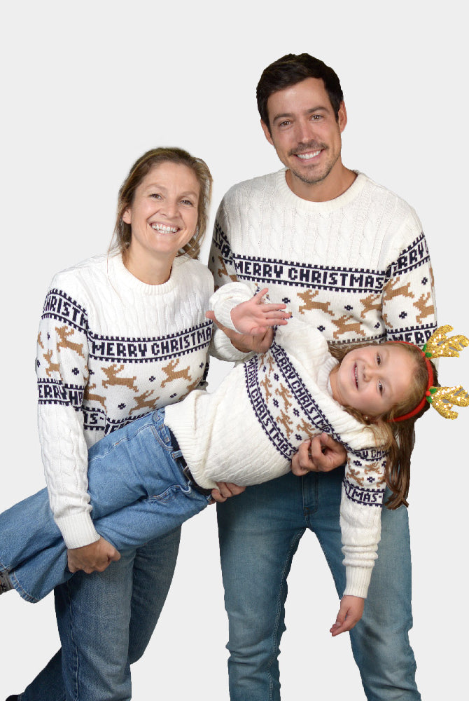 Camisola de Natal Elegante para Crianças Branca com Renas Algodão Orgânico Familia