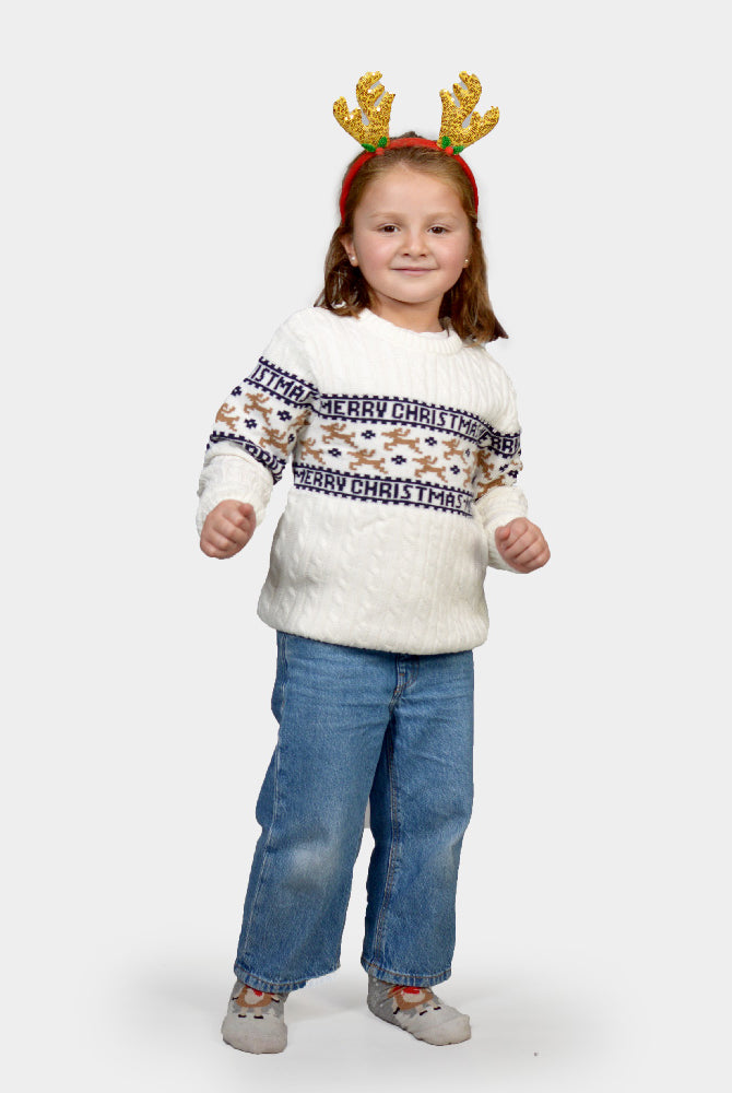 Camisola de Natal Elegante Crianças Família Branca com Renas Algodão Orgânico