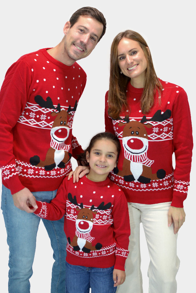 Camisola de Natal para Família Rena Rudolph Cachecol Vermelha