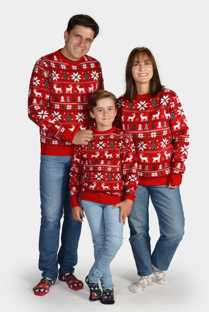 Camisola de Natal para Família Vermelha com Renas, Árvores e Estrela Polar