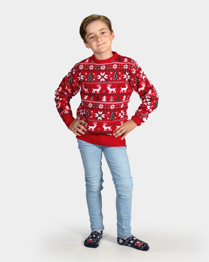 Camisola de Natal para Menino Vermelha com Renas, Árvores e Estrela Polar