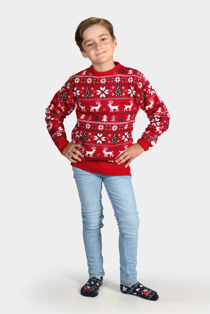 Camisola de Natal para Menino Vermelha com Renas, Árvores e Estrela Polar