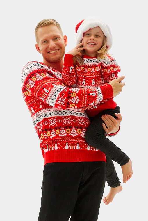 Camisola de Natal Vermelha Família Bonecos Árvores Algodão Orgânico