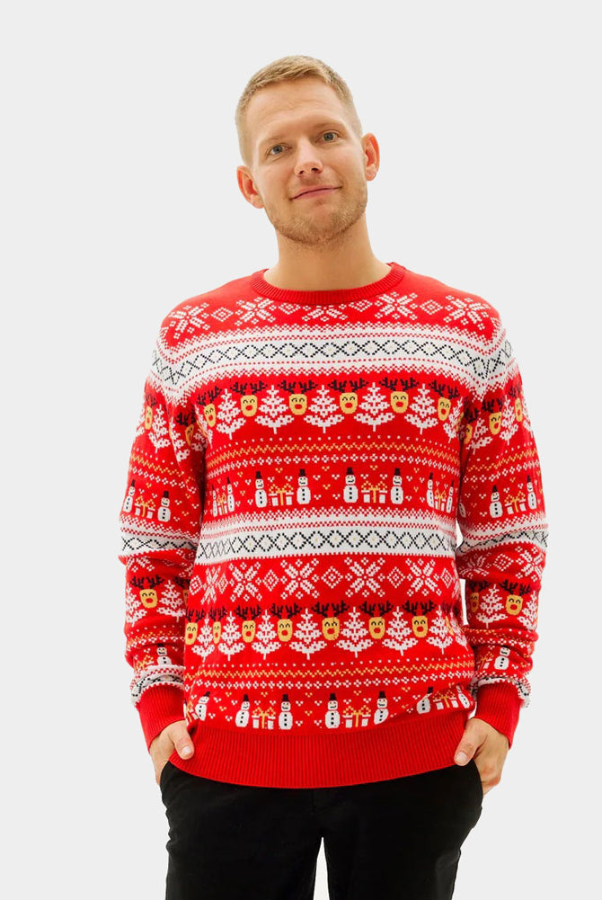 Camisola de Natal Vermelha Família Bonecos Árvores Algodão Orgânico homem
