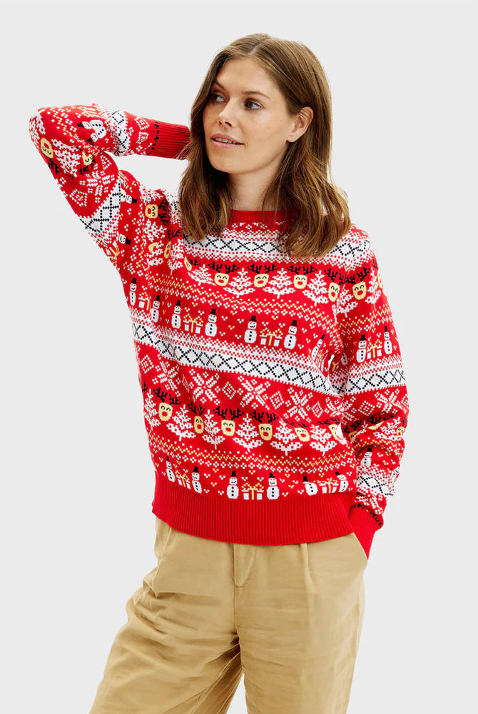 Camisola de Natal Vermelha Família Bonecos Árvores Algodão Orgânico mulher