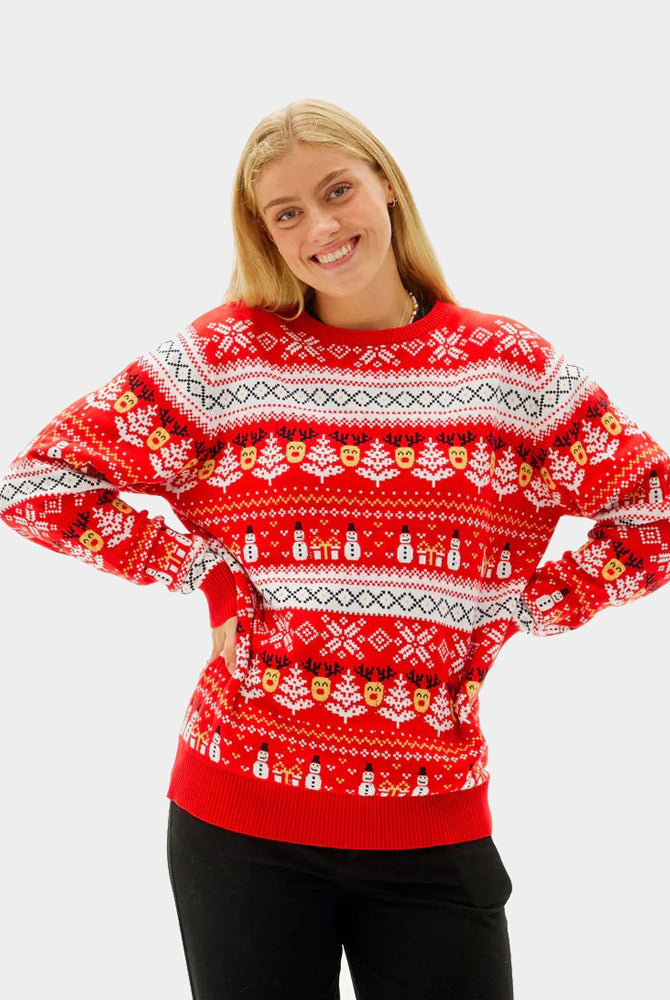 Camisola de Natal Vermelha Bonecos de Neve e Árvores Algodão Orgânico mulher