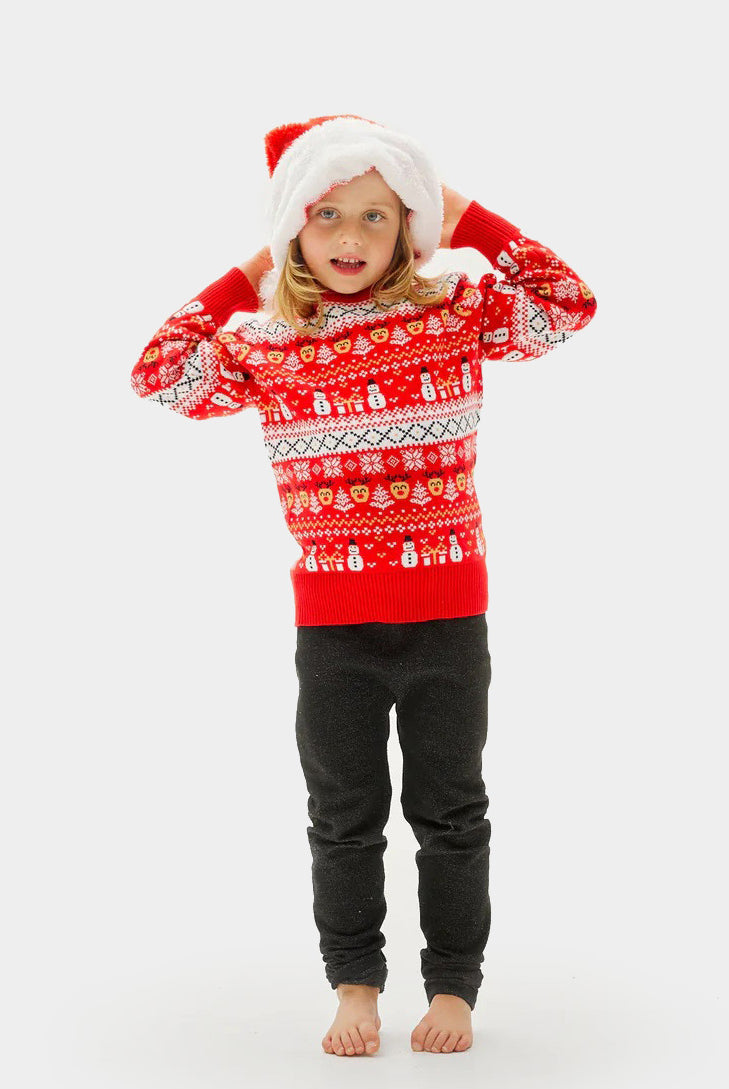 Camisola de Natal Vermelha Família Bonecos Árvores Algodão Orgânico crianças