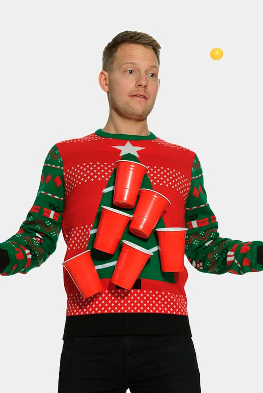 Homem Camisola de Natal Beer-Pong + Abridor de cerveja