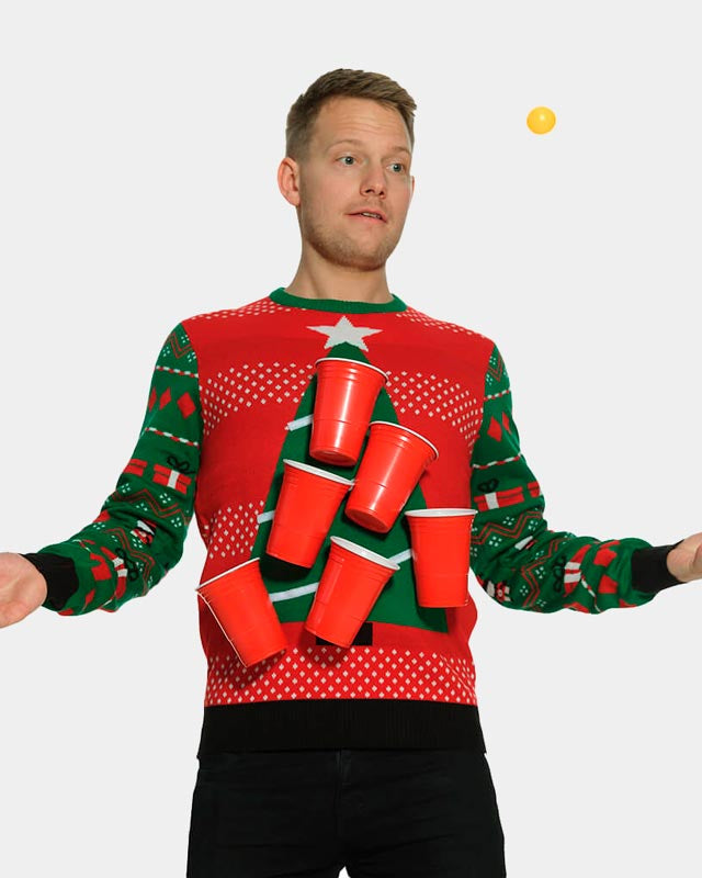Homem Camisola de Natal Beer-Pong + Abridor de cerveja