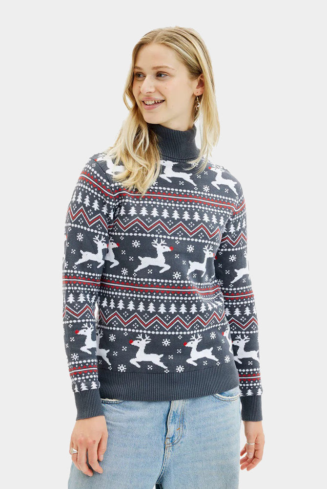 Camisola de Natal Algodão Orgânico Mulher de Gola Alta Cinzenta Renas