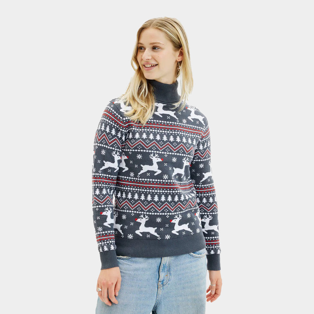 Camisola de Natal Algodão Orgânico Mulher de Gola Alta Cinzenta Renas