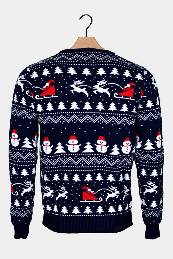 Bonecos e Pai Natal Algodão Orgânico Camisola de Natal para Casal Azul com Árvores,