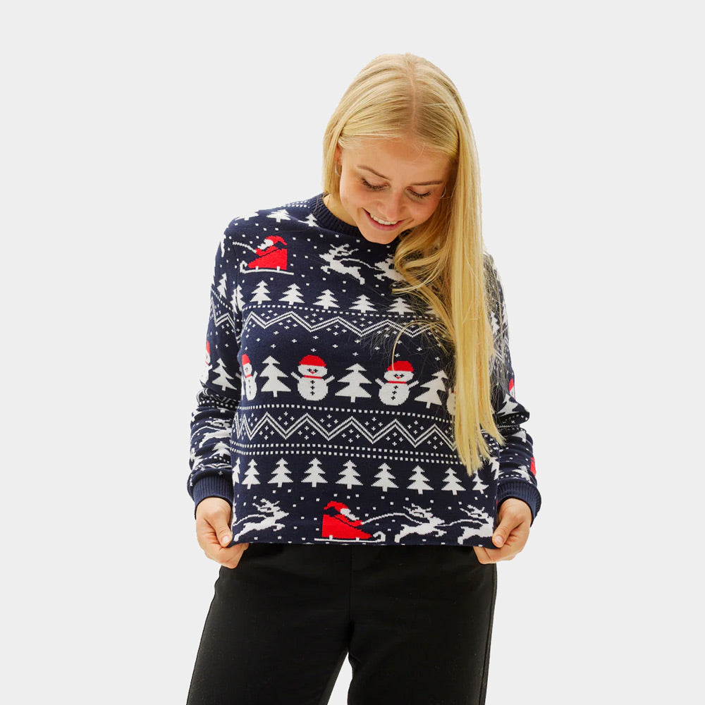 Mulher Camisola de Natal Azul com Árvores, Bonecos e Pai Natal Algodão Orgânico
