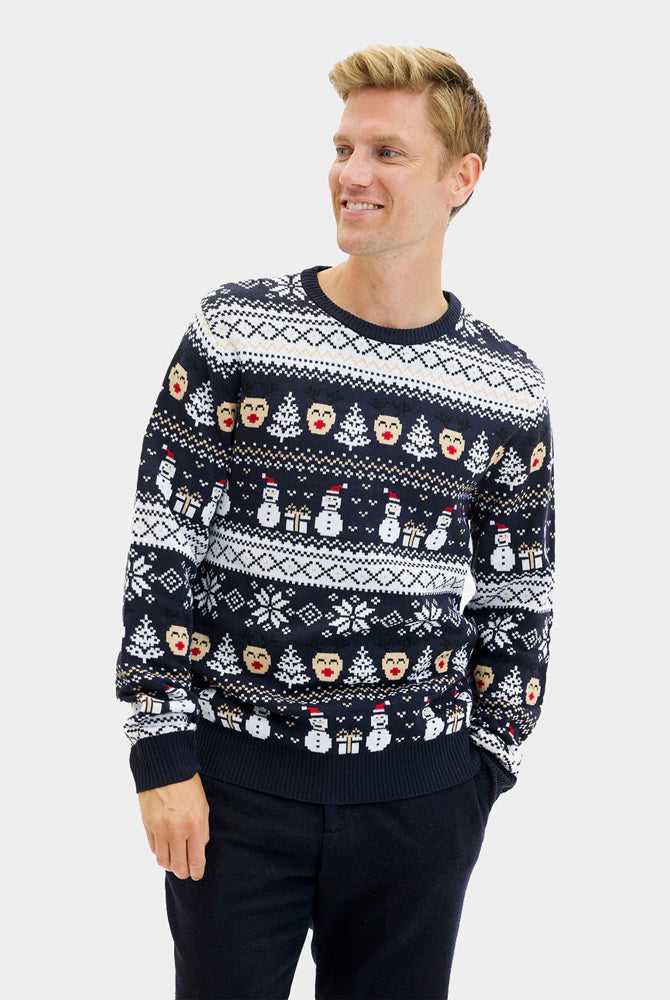 Camisola de Natal Azul Bonecos de Neve e Árvores para Homem