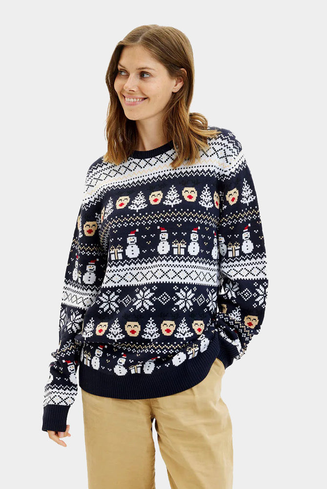 Camisola de Natal Azul Bonecos de Neve e Árvores para Mulher