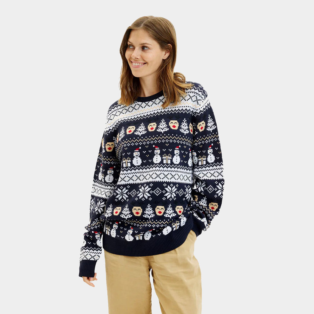 Camisola de Natal Azul Bonecos de Neve e Árvores para Mulher