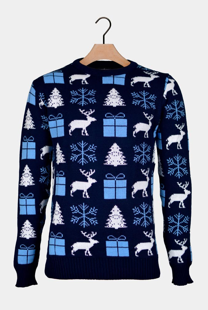 Camisola de Natal para Casal Azul Renas, Presentes e Pinheiros