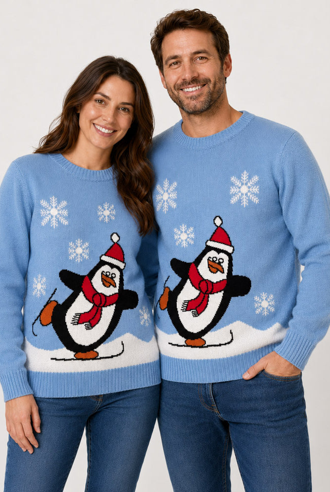 Camisola de Natal Família Azul Claro com Pinguim Casal