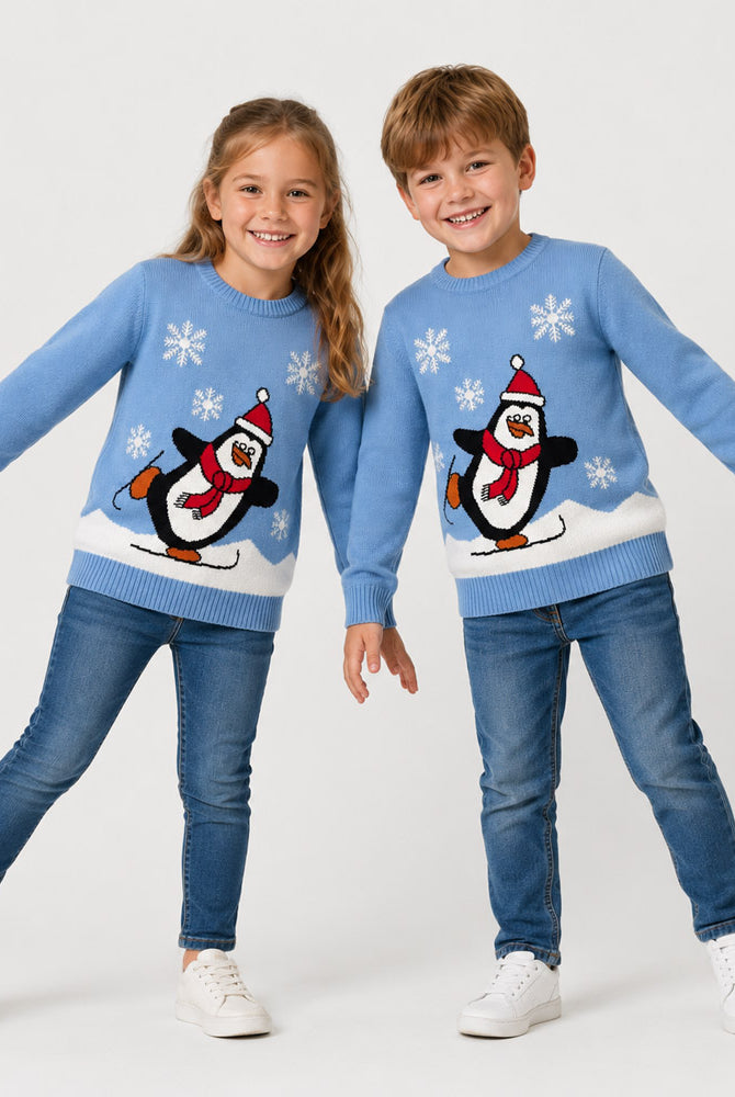 Camisola de Natal Família Azul Claro com Pinguim Crianças
