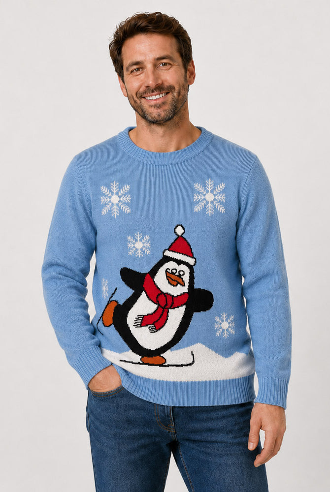 Camisola de Natal Família Azul Claro com Pinguim Homen