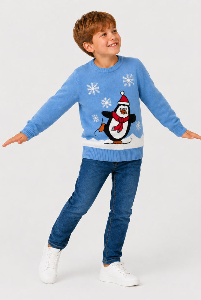 Camisola de Natal Família Azul Claro com Pinguim Menino