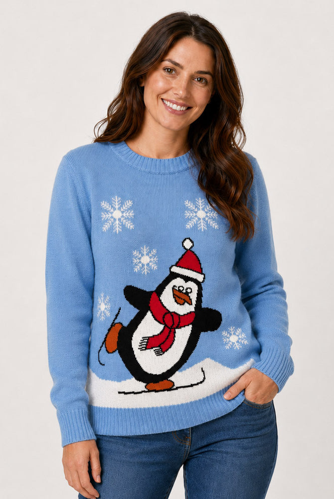 Camisola de Natal Família Azul Claro com Pinguim Mulher