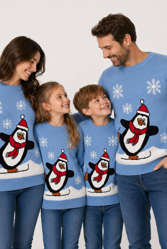 Camisola de Natal Família Azul Claro com Pinguim