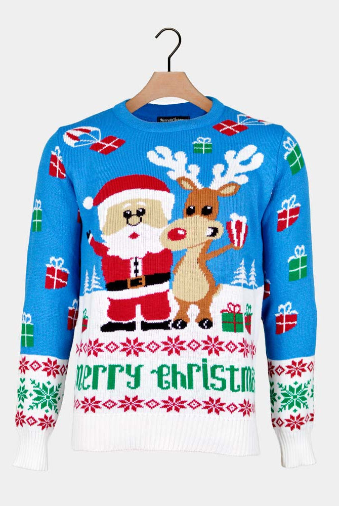 Camisola de Natal para Casal Azul Claro com Rena e Pai Natal