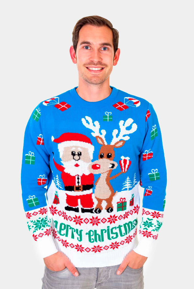 Camisola de Natal para Homem Azul Claro Rena e Pai Natal