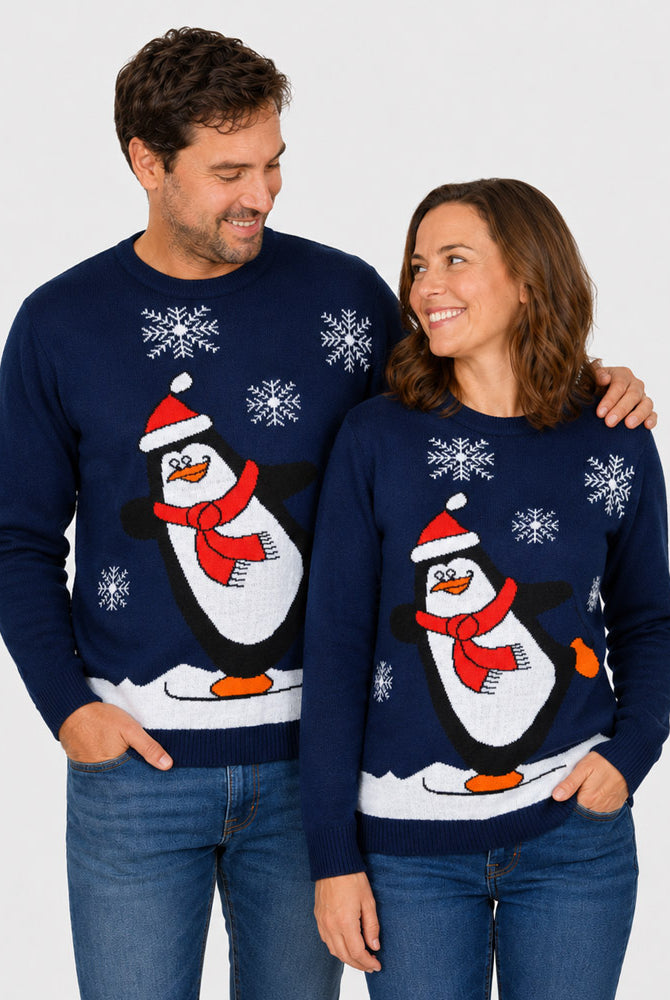 Camisola de Natal Azul Família com Pinguim Casal