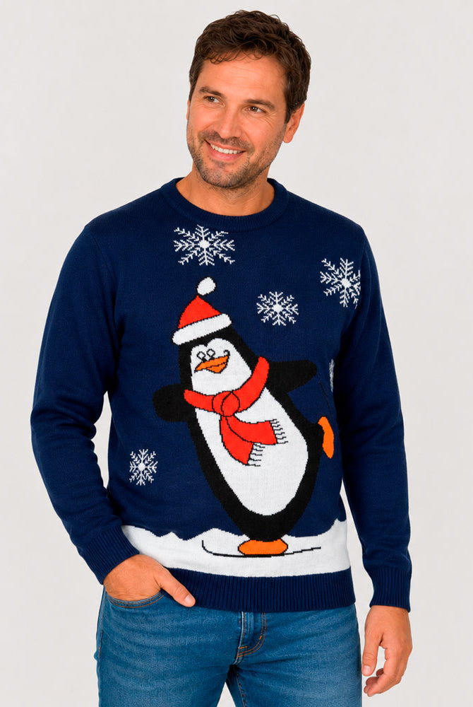 Camisola de Natal Azul Família com Pinguim Homen