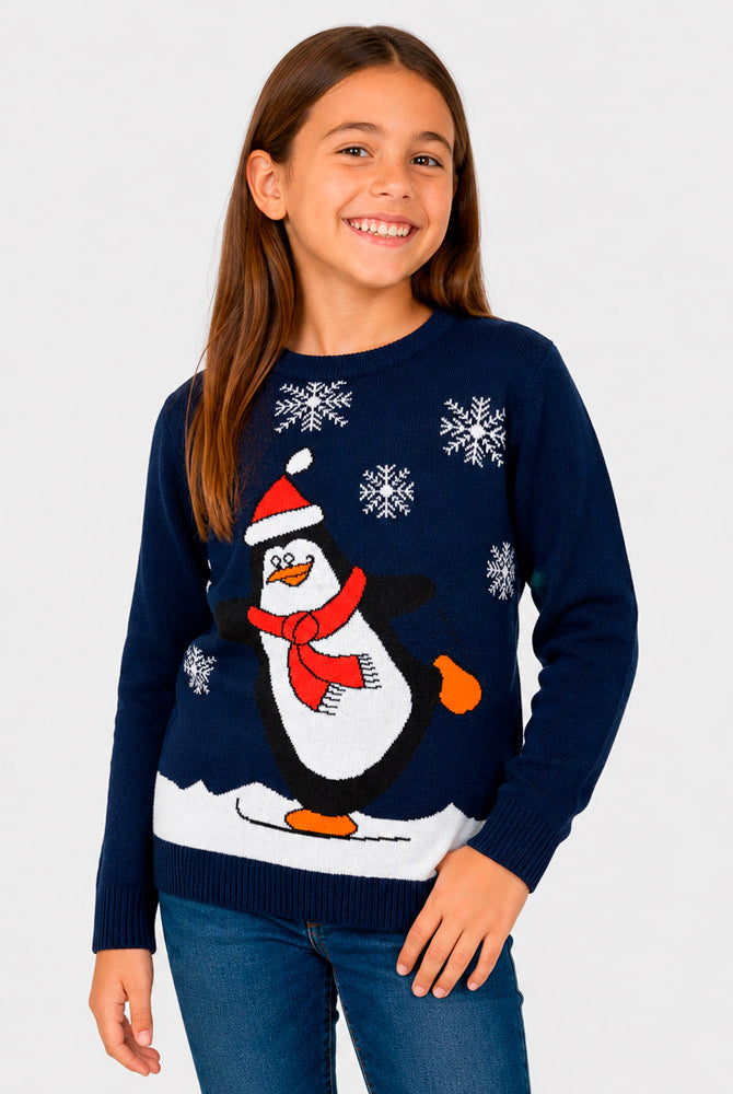Camisola de Natal Azul Família com Pinguim Menina