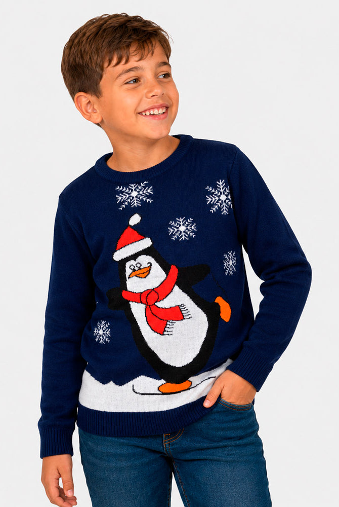 Camisola de Natal Azul Família com Pinguim Menino
