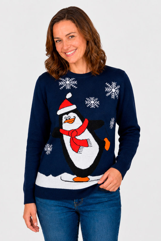 Camisola de Natal Azul Família com Pinguim Mulher