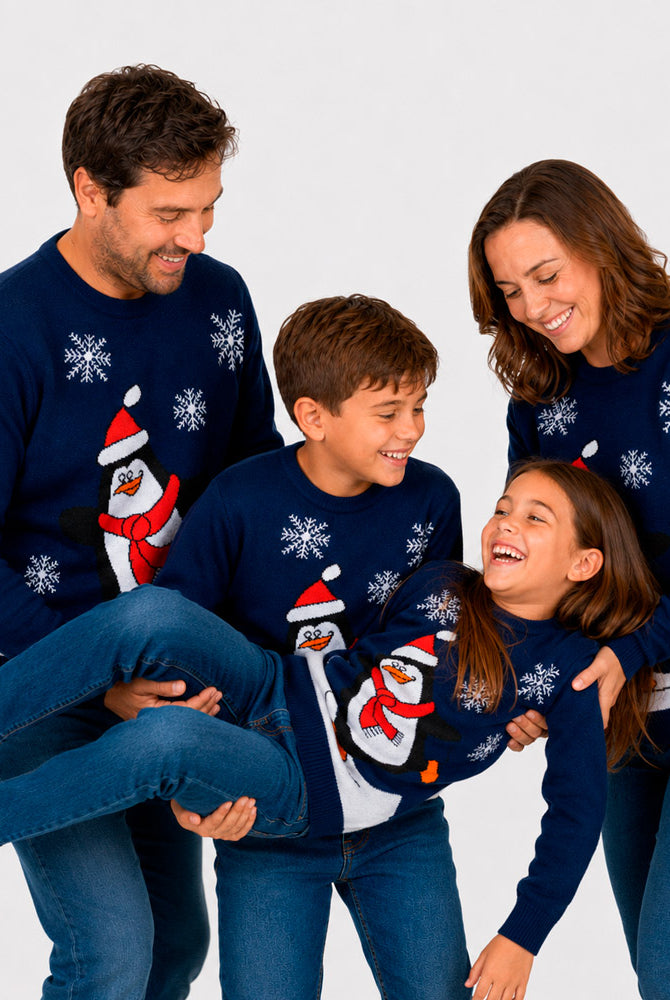 Camisola de Natal Azul Família com Pinguim