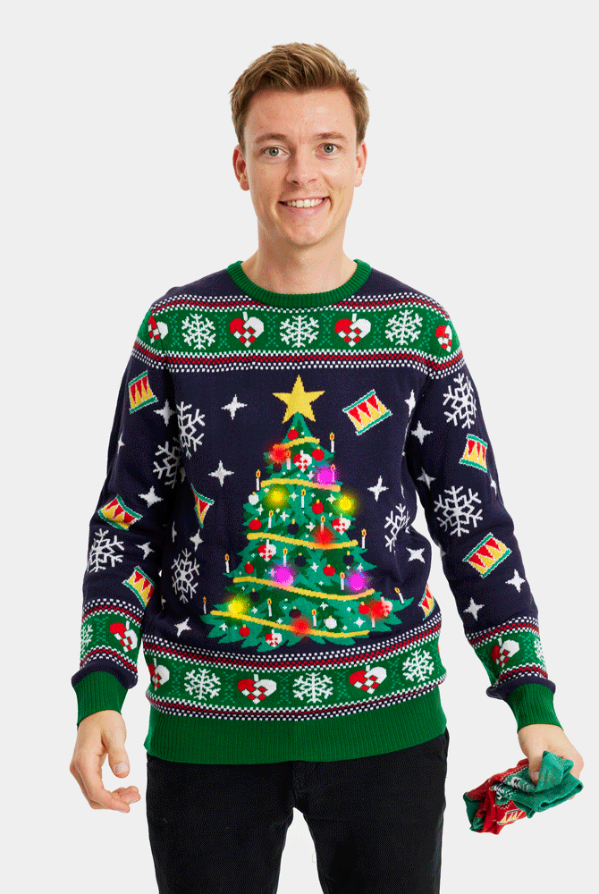 Camisola de Natal Azul com Luzes LED Árvore de Natal para Homem