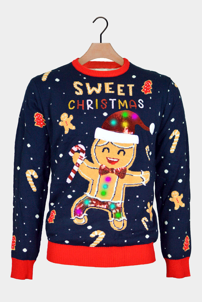 Camisola de Natal Casal Azul Luzes LED Ginger Cookie
