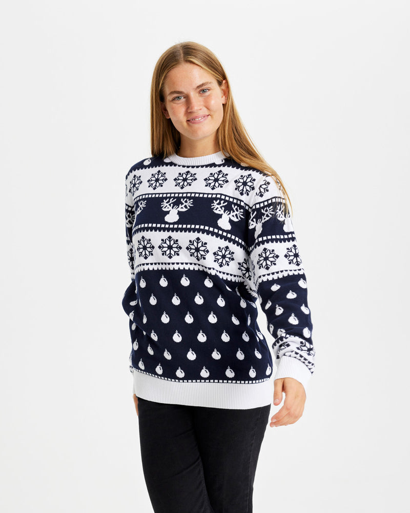 Camisola de Natal Azul Mulher Menina e Menino com Renas e Neve