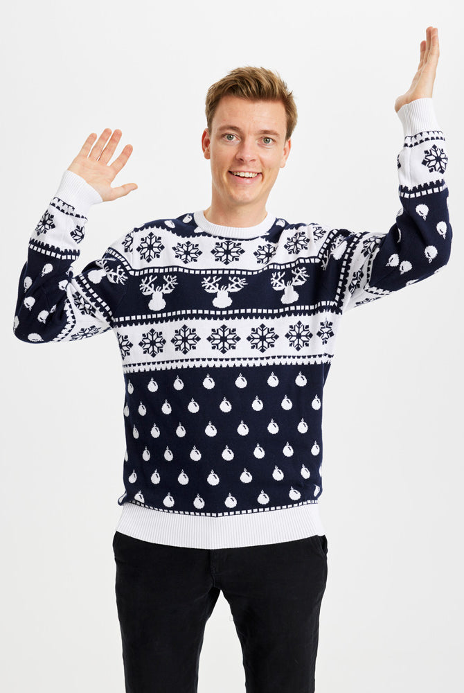Camisola de Natal Azul homem Menina e Menino com Renas e Neve