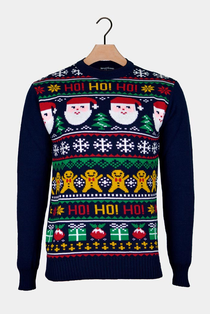 Camisola de Natal Casal Azul Pai Natal Ho Ho Ho!