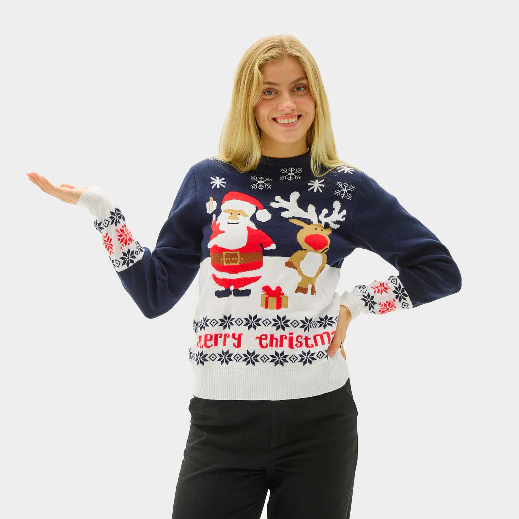 Mulher Camisola de Natal Azul Pai Natal e Rena Rudolph Algodão Orgânico