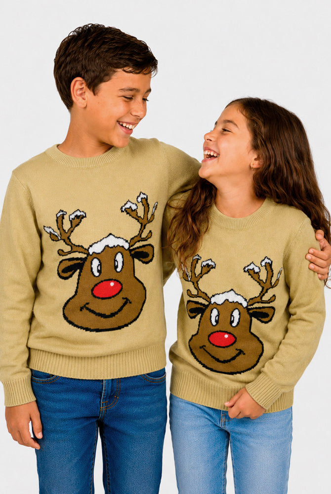 Camisola de Natal Família Bege com Rena Sorridente Crianças
