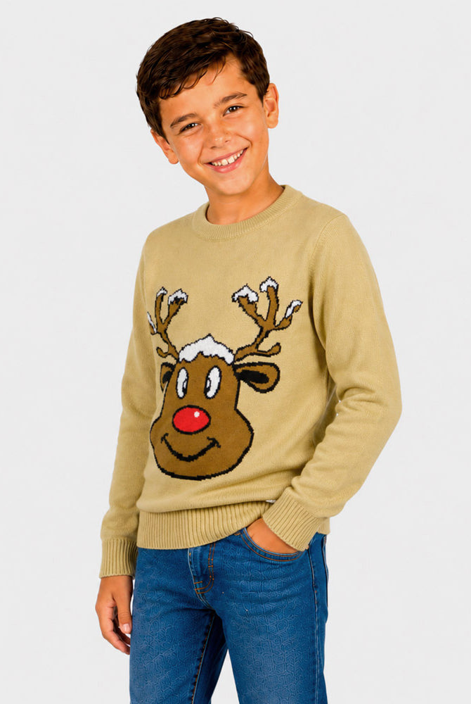 Camisola de Natal Família Bege com Rena Sorridente Menino